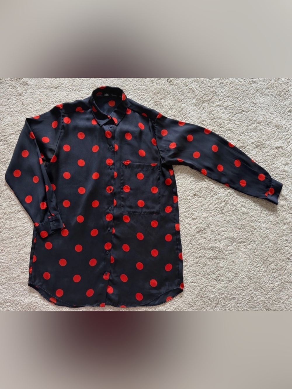 Zara Black Button-Down Shirt with Red Polka Dots